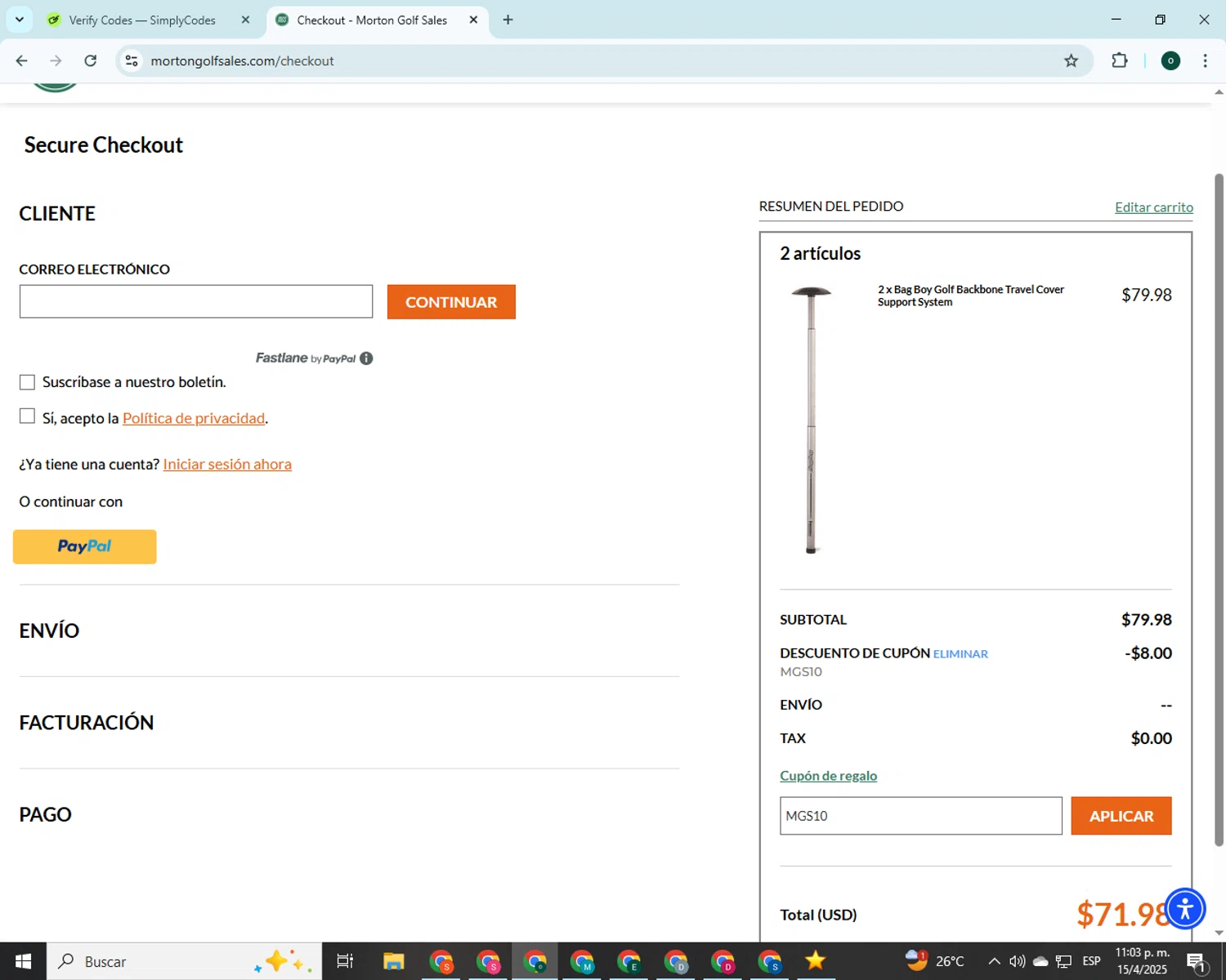 Morton Golf Sales coupon code screenshot showing code MGS10 applied at Morton Golf Sales checkout page. Uploaded by SimplyCodes community member 00000008 on Apr 16, 2025