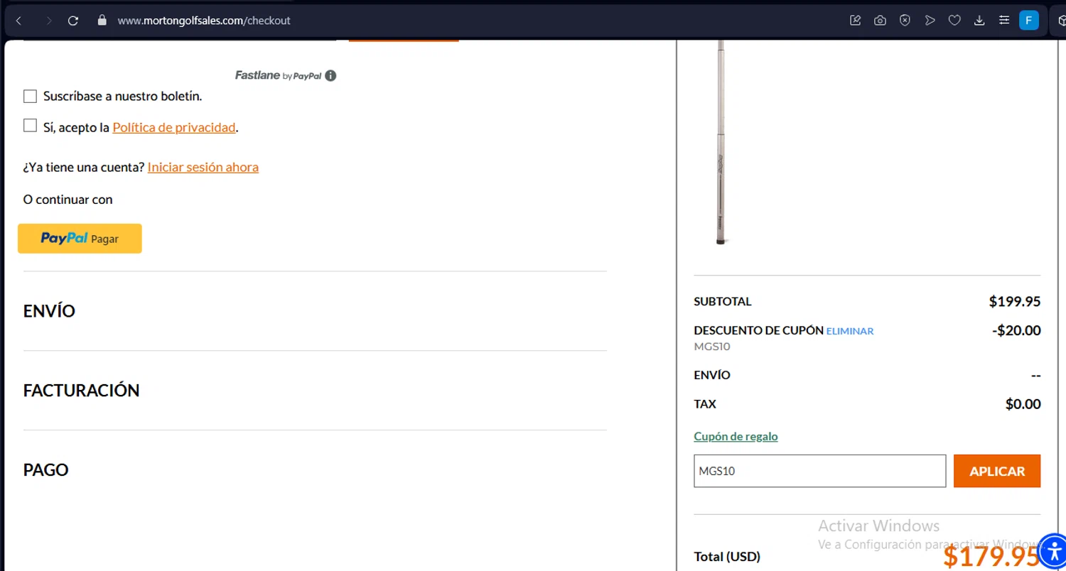 Morton Golf Sales coupon code screenshot showing code MGS10 applied at Morton Golf Sales checkout page. Uploaded by SimplyCodes community member FramiraGaminG on Apr 16, 2025