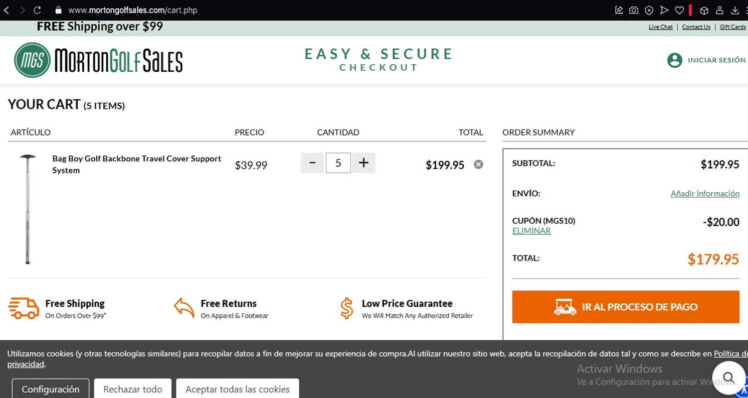 Morton Golf Sales coupon code screenshot showing code MGS10 applied at Morton Golf Sales checkout page. Uploaded by SimplyCodes community member THEPEKET on Apr 16, 2025