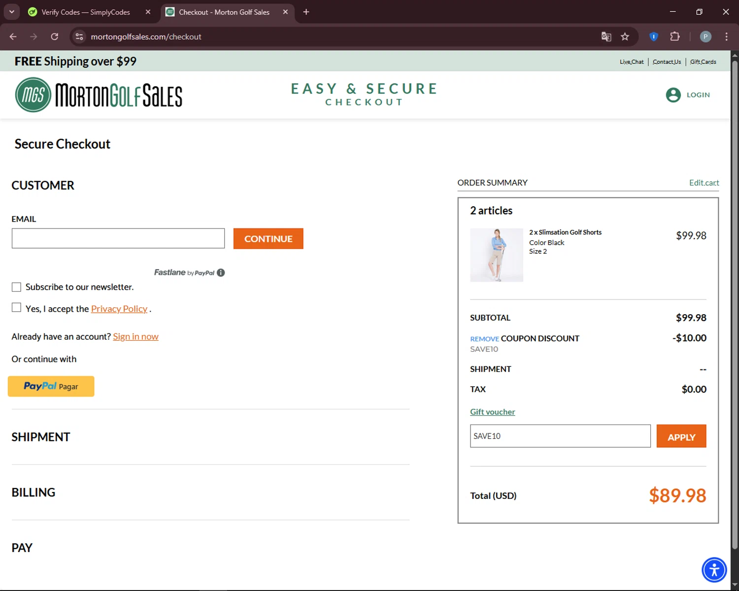 Morton Golf Sales coupon code screenshot showing code SAVE10 applied at Morton Golf Sales checkout page. Uploaded by SimplyCodes community member DiscountEagle6247 on Apr 23, 2025