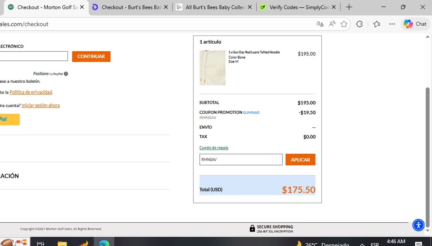 Morton Golf Sales coupon code screenshot showing code RMNSAV applied at Morton Golf Sales checkout page. Uploaded by SimplyCodes community member fhddfhfdhwert on Dec 13, 2025