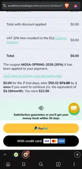 MosaLingua Academy coupon verification screenshot