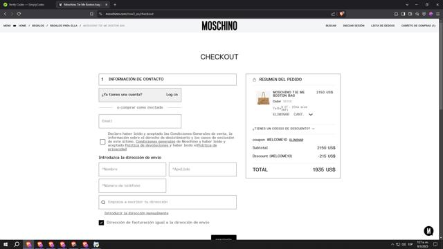 Moschino checkout page showing Moschino promo code box | Screenshot taken by SimplyCodes community member on Mar 8, 2025