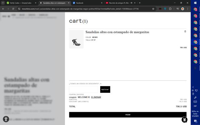 Moschino checkout page showing Moschino promo code box | Screenshot taken by SimplyCodes community member on May 5, 2025