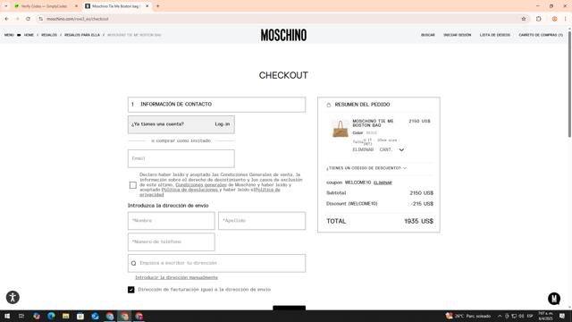 Moschino checkout page showing Moschino promo code box | Screenshot taken by SimplyCodes community member on Apr 6, 2025