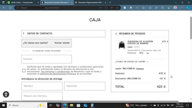 Moschino checkout page showing Moschino promo code box | Screenshot taken by SimplyCodes community member on Nov 3, 2024