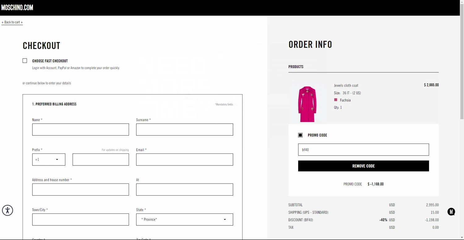 where to use Moschino promo code box