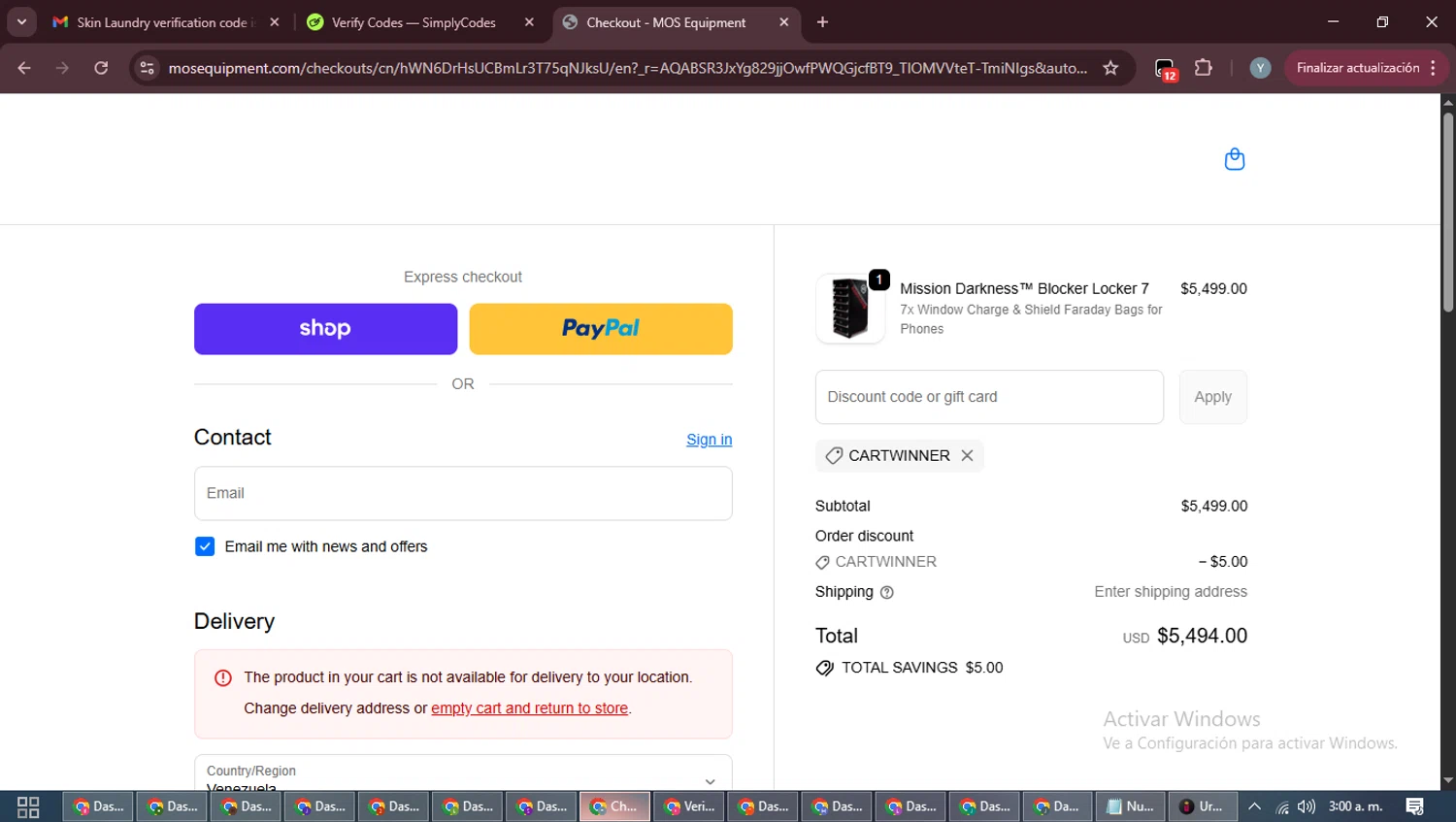 MOSE Equipment promo code screenshot showing code cartwinner applied at MOSE Equipment checkout page. Uploaded by SimplyCodes community member MoneyTiger5162 on Dec 9, 2025