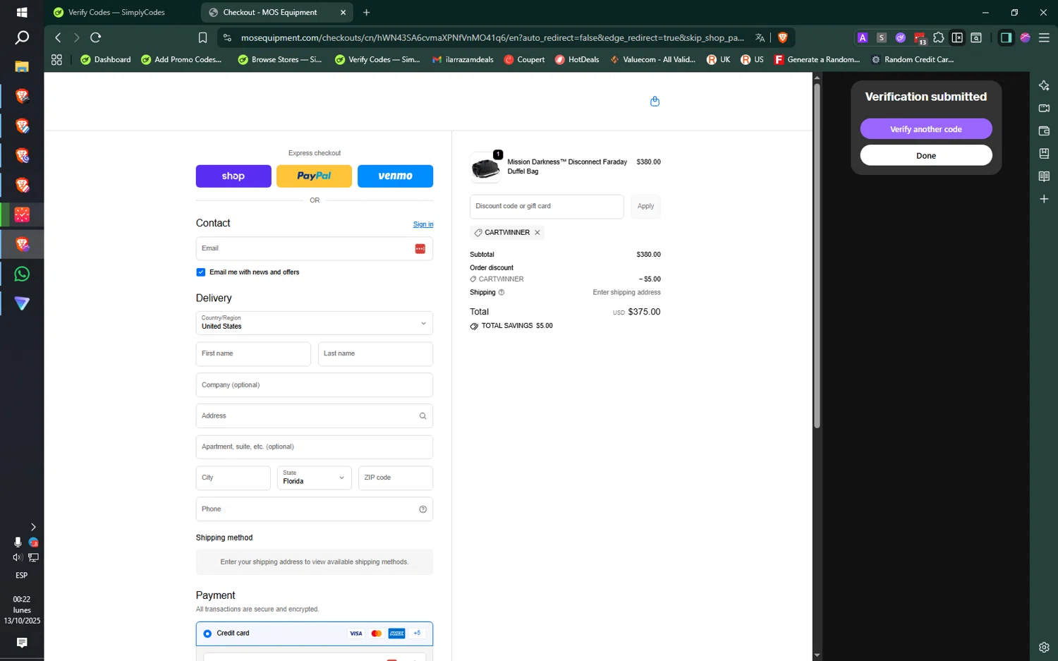 MOSE Equipment promo code screenshot showing code cartwinner applied at MOSE Equipment checkout page. Uploaded by SimplyCodes community member jMoya06 on Oct 13, 2025