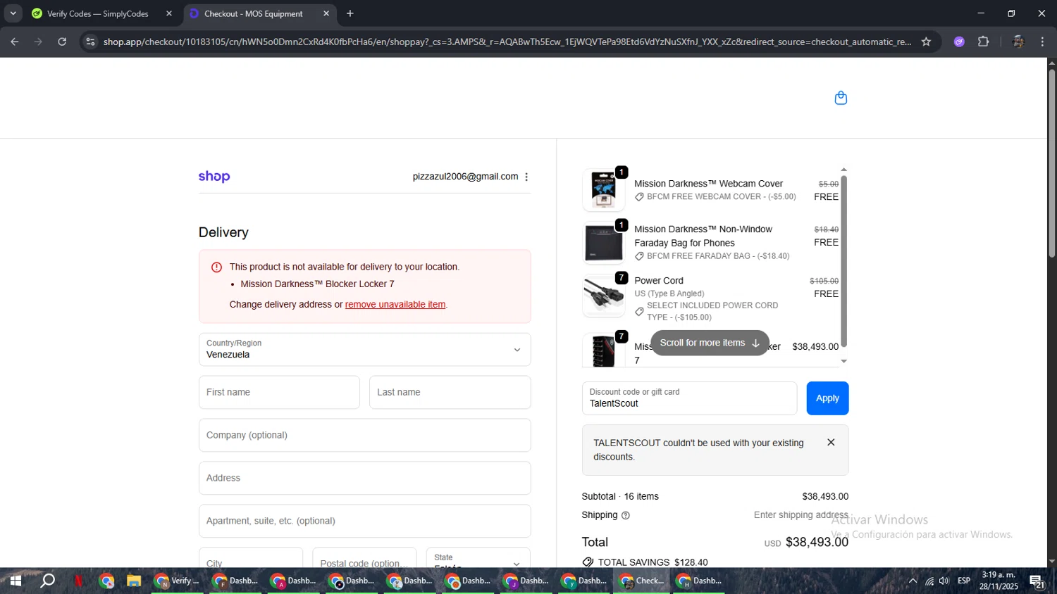 MOSE Equipment promo code screenshot showing code TalentScout applied at MOSE Equipment checkout page. Uploaded by SimplyCodes community member xxdddd on Nov 28, 2025