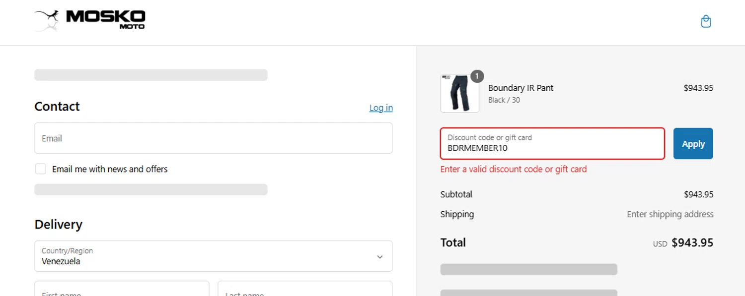 Mosko Moto discount code screenshot showing code BDRMEMBER10 applied at Mosko Moto checkout page. Uploaded by SimplyCodes community member Volibear on Feb 22, 2025