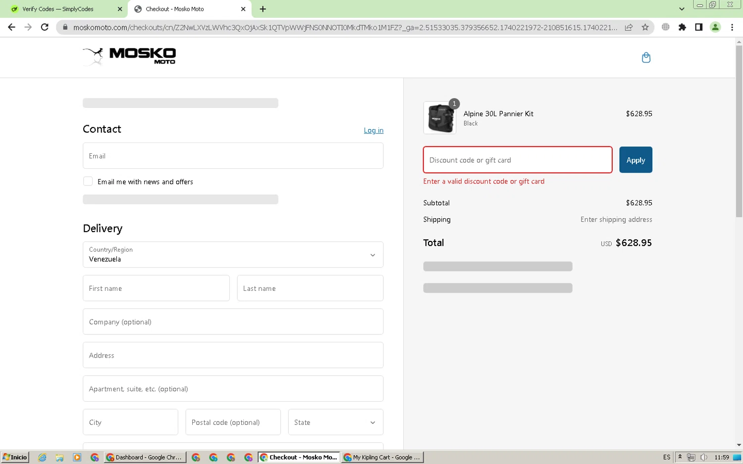 Mosko Moto discount code screenshot showing code BDRMEMBER10 applied at Mosko Moto checkout page. Uploaded by SimplyCodes community member alexdaal on Feb 22, 2025