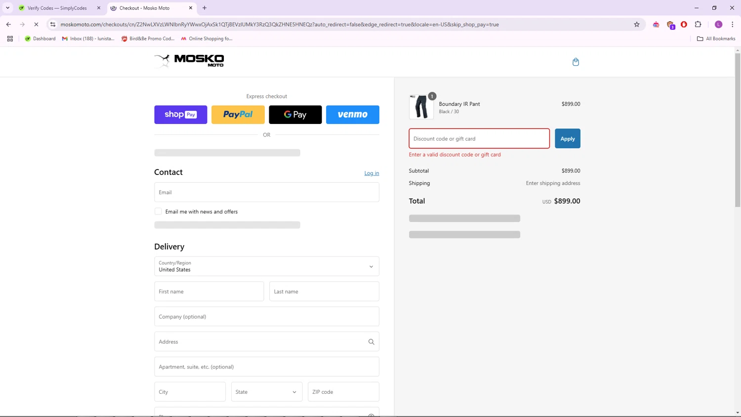 Mosko Moto discount code screenshot showing code BDRMEMBER10 applied at Mosko Moto checkout page. Uploaded by SimplyCodes community member RoyalTracker568 on Feb 22, 2025