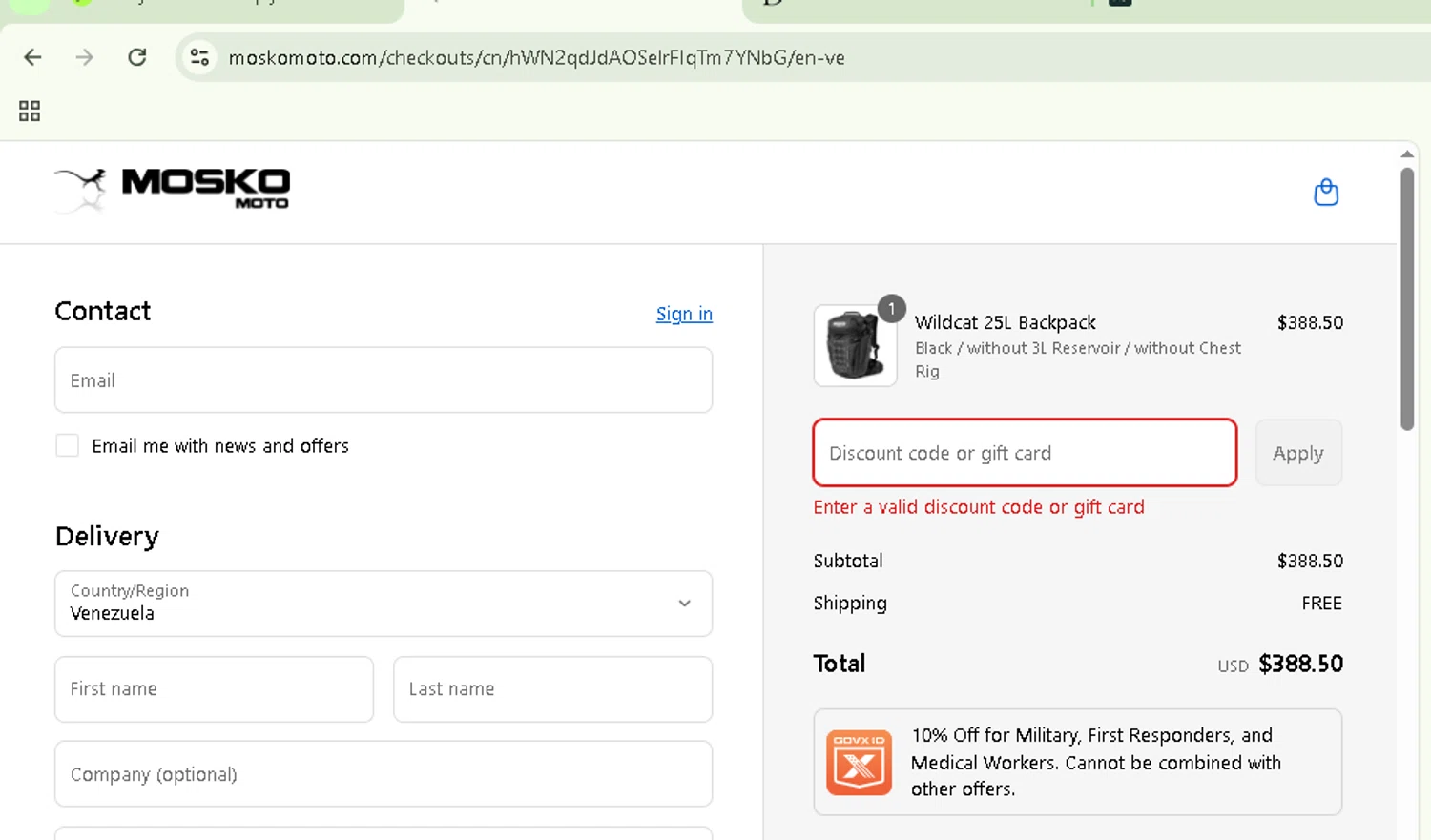 Mosko Moto discount code screenshot showing code 7X9QTW20N7AR applied at Mosko Moto checkout page. Uploaded by SimplyCodes community member NobleSentinel8535 on Sep 11, 2025