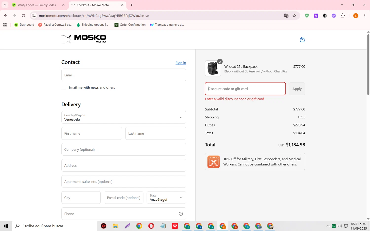 Mosko Moto discount code screenshot showing code 7X9QTW20N7AR applied at Mosko Moto checkout page. Uploaded by SimplyCodes community member RewardFalcon3197 on Sep 11, 2025