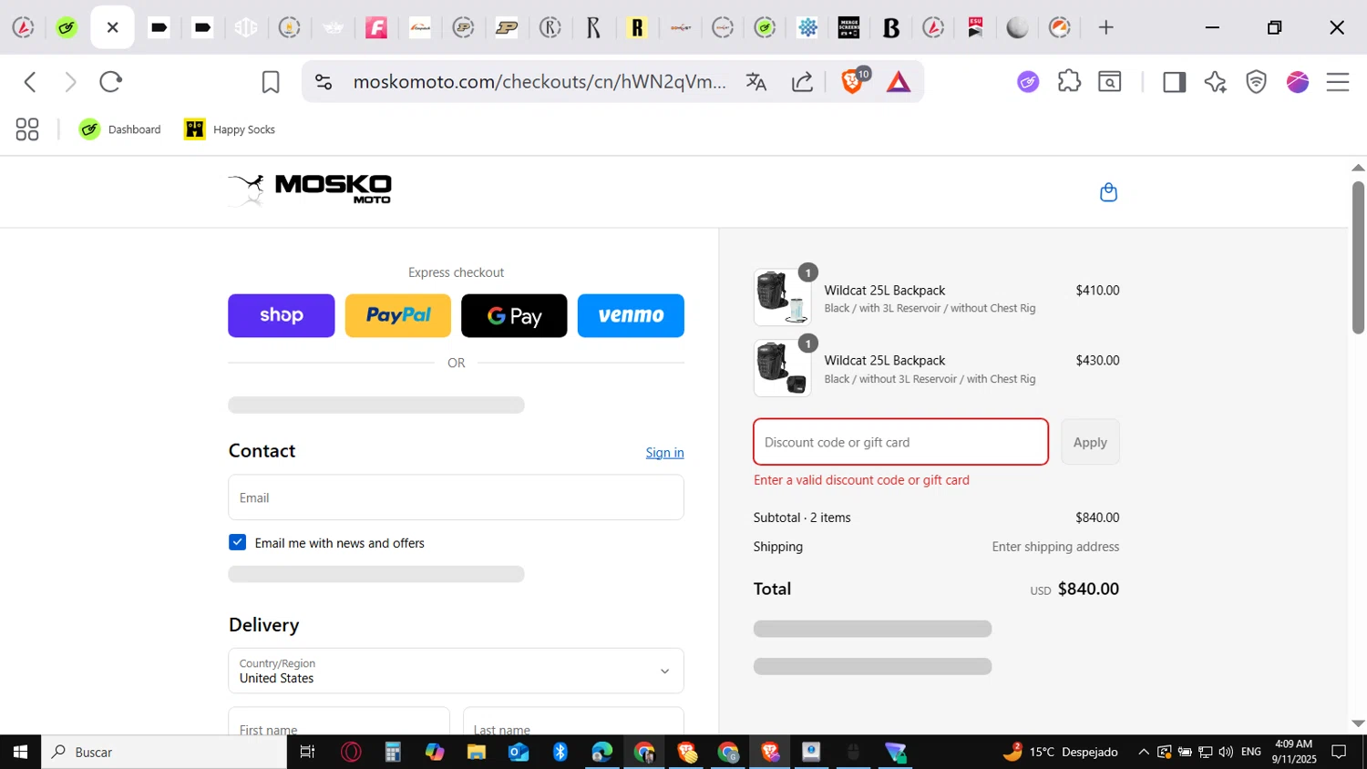 Mosko Moto discount code screenshot showing code 7X9QTW20N7AR applied at Mosko Moto checkout page. Uploaded by SimplyCodes community member SavingsVirtuoso1883 on Sep 11, 2025