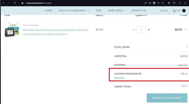 Moso Natural checkout page showing Moso Natural coupon code box | Screenshot taken by SimplyCodes community member on Jan 7, 2023