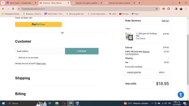 Moso Natural checkout page showing Moso Natural coupon code box | Screenshot taken by SimplyCodes community member on Dec 25, 2023