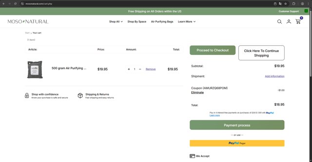 Moso Natural checkout page showing Moso Natural coupon code box | Screenshot taken by SimplyCodes community member on Aug 16, 2025