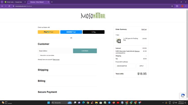 Moso Natural checkout page showing Moso Natural coupon code box | Screenshot taken by SimplyCodes community member on May 15, 2024