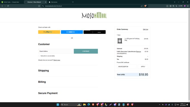 Moso Natural checkout page showing Moso Natural coupon code box | Screenshot taken by SimplyCodes community member on Dec 6, 2024