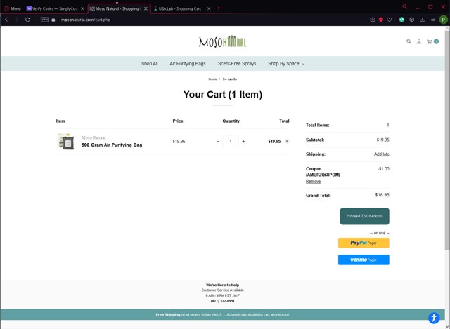 Moso Natural checkout page showing Moso Natural coupon code box | Screenshot taken by SimplyCodes community member on Mar 9, 2024