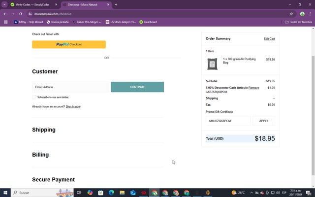 Moso Natural checkout page showing Moso Natural coupon code box | Screenshot taken by SimplyCodes community member on Nov 20, 2024