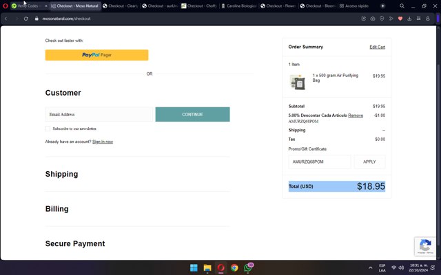 Moso Natural checkout page showing Moso Natural coupon code box | Screenshot taken by SimplyCodes community member on Oct 22, 2024