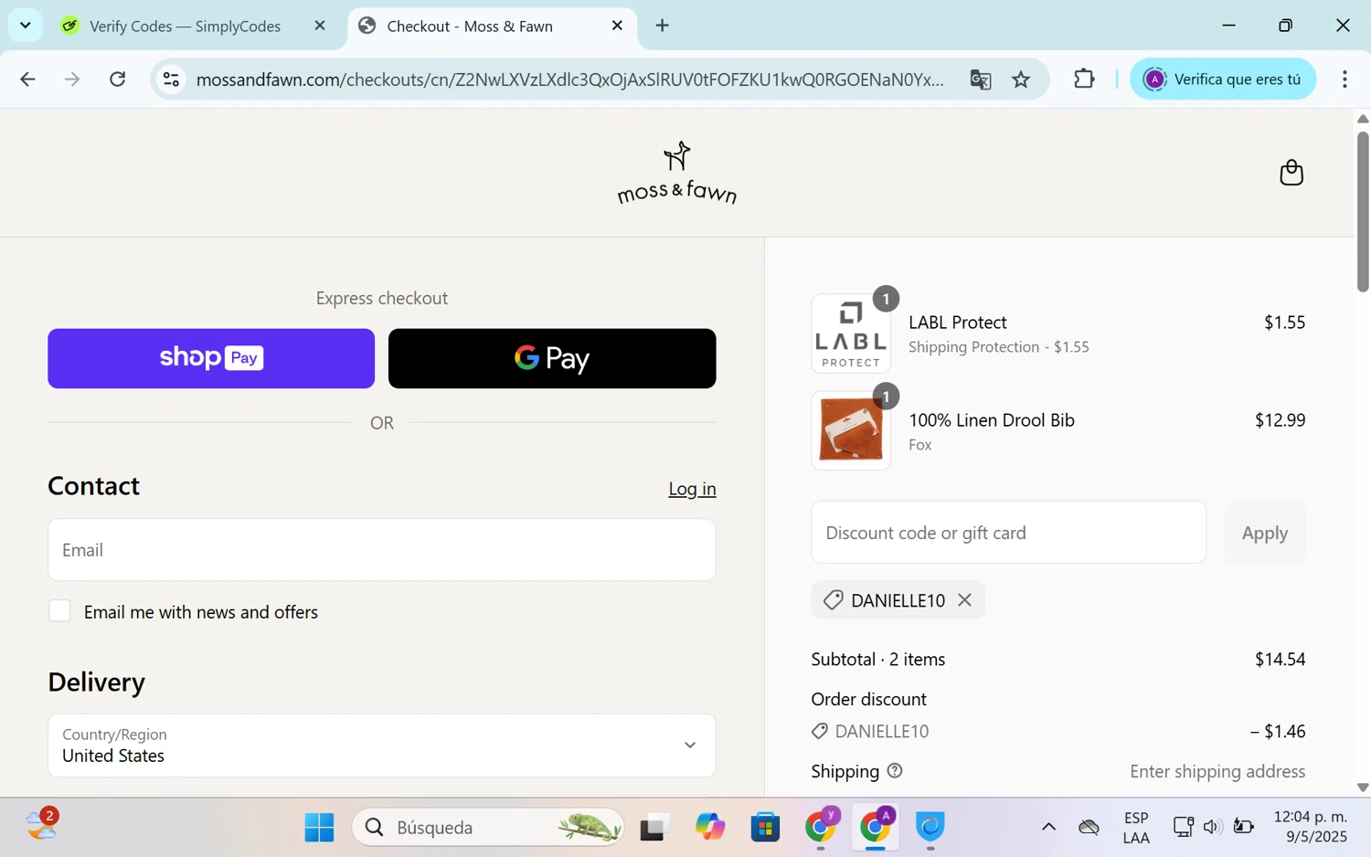 Moss & Fawn promo code screenshot showing code danielle10 applied at Moss & Fawn checkout page. Uploaded by SimplyCodes community member SEANJOHN55 on May 9, 2025