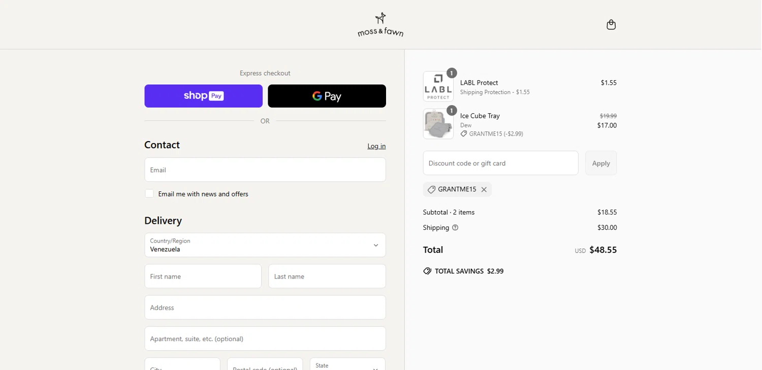 Moss & Fawn promo code screenshot showing code GRANTME15 applied at Moss & Fawn checkout page. Uploaded by SimplyCodes community member Alydrop on Jun 29, 2025