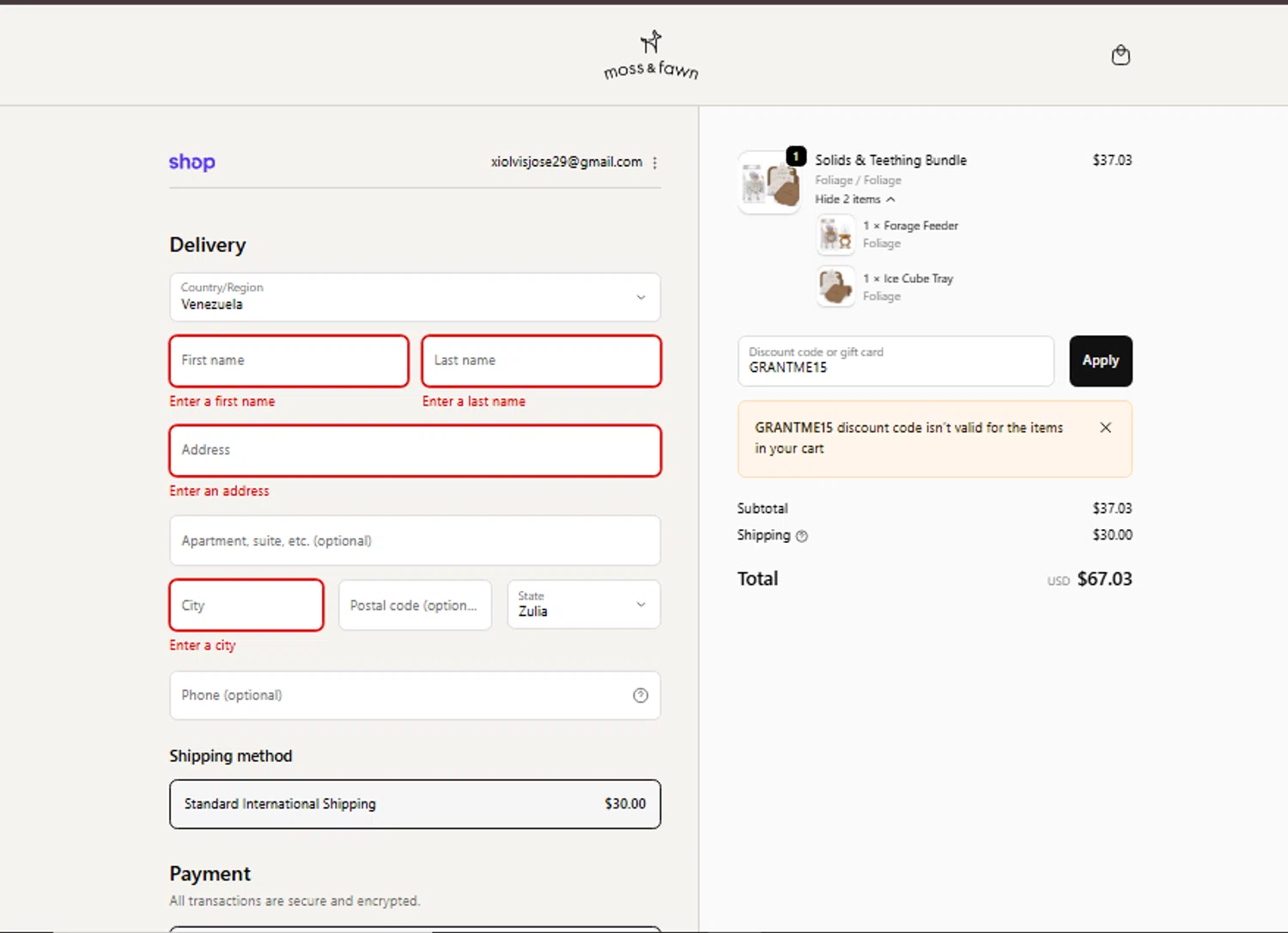 Moss & Fawn promo code screenshot showing code GRANTME15 applied at Moss & Fawn checkout page. Uploaded by SimplyCodes community member Xiooh29 on Nov 5, 2025