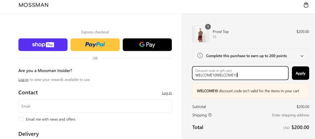 Mossman checkout page showing Mossman discount code box | Screenshot taken by SimplyCodes community member on Mar 12, 2025