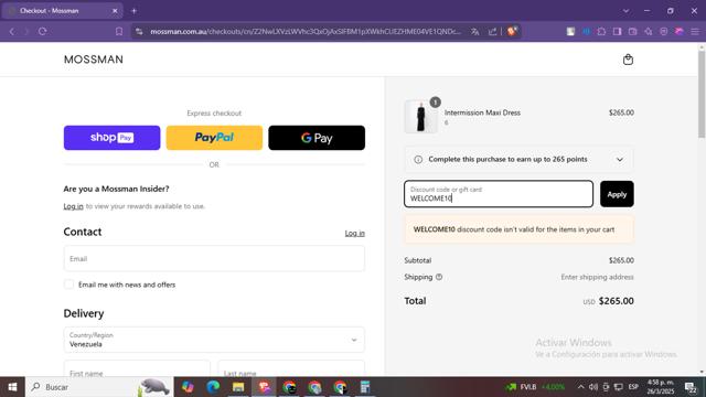 Mossman checkout page showing Mossman discount code box | Screenshot taken by SimplyCodes community member on Mar 26, 2025