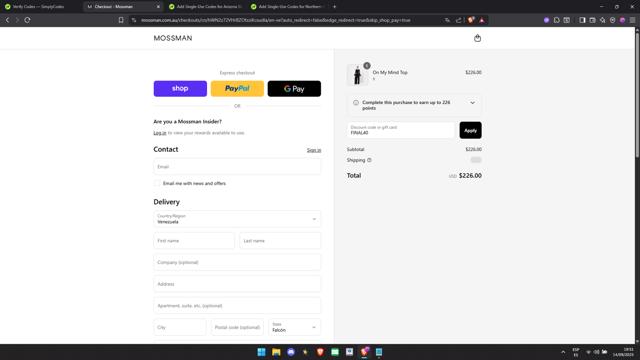 Mossman checkout page showing Mossman discount code box | Screenshot taken by SimplyCodes community member on Sep 14, 2025