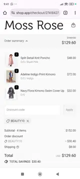 BEAUTY10 coupon verification screenshot