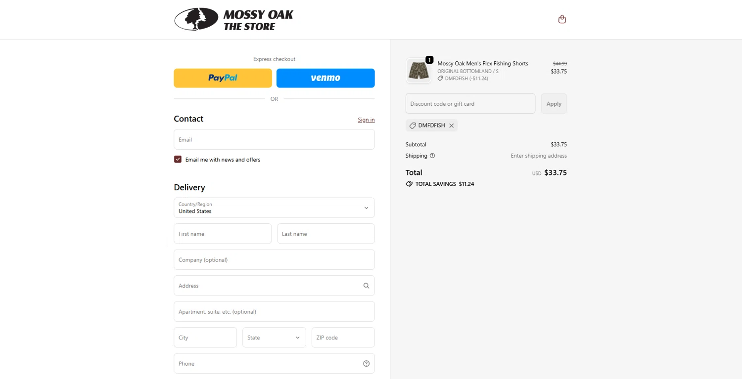 Mossy Oak Store discount code screenshot showing code DMFDfish applied at Mossy Oak Store checkout page. Uploaded by SimplyCodes community member JAKEELDOG on Dec 8, 2025