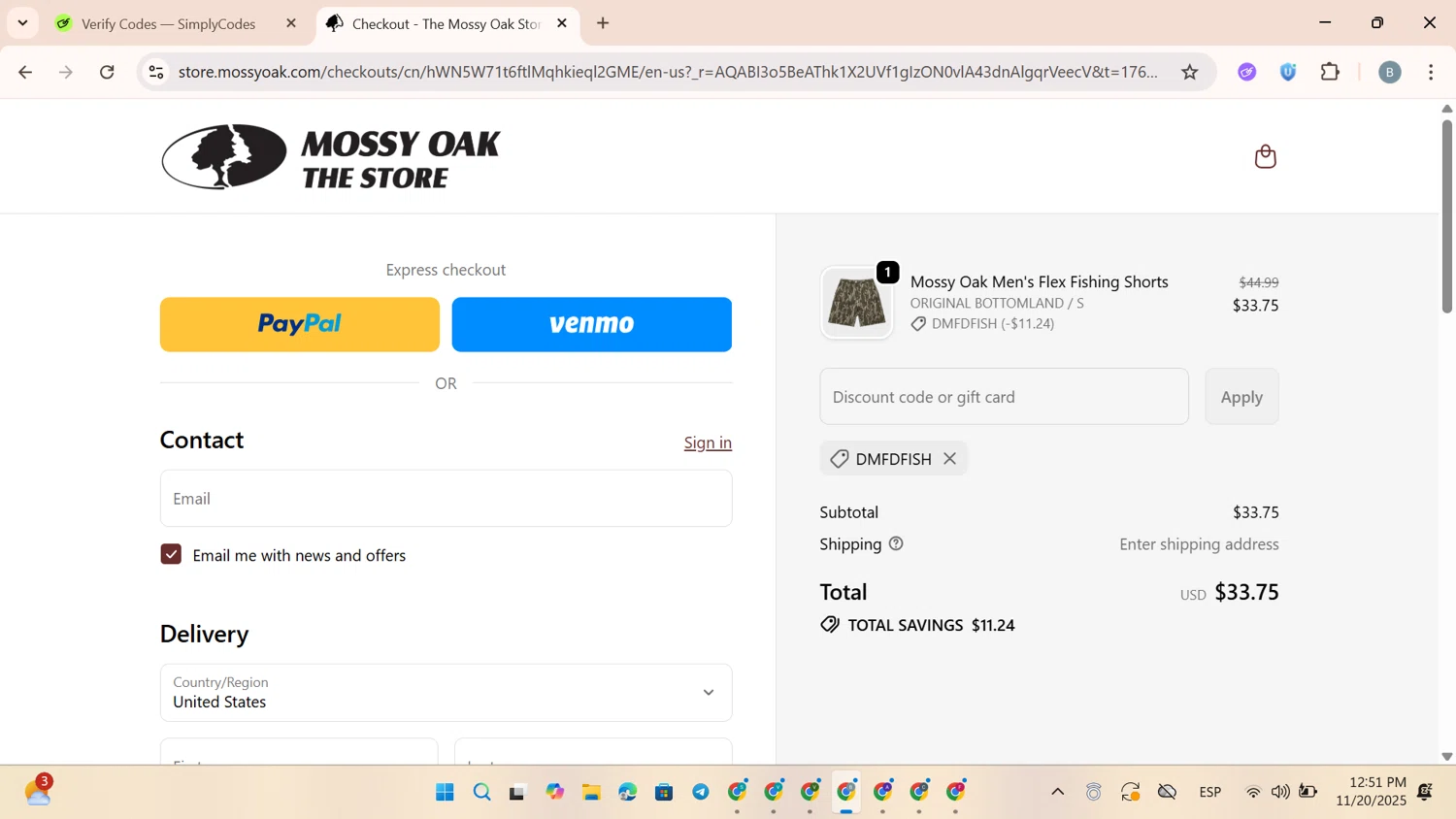 Mossy Oak Store discount code screenshot showing code DMFDfish applied at Mossy Oak Store checkout page. Uploaded by SimplyCodes community member WonderWizard6057 on Nov 20, 2025