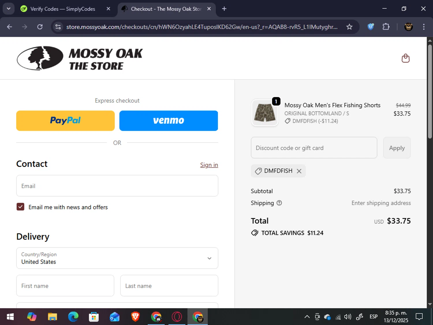 Mossy Oak Store discount code screenshot showing code DMFDfish applied at Mossy Oak Store checkout page. Uploaded by SimplyCodes community member abrahanv on Dec 14, 2025