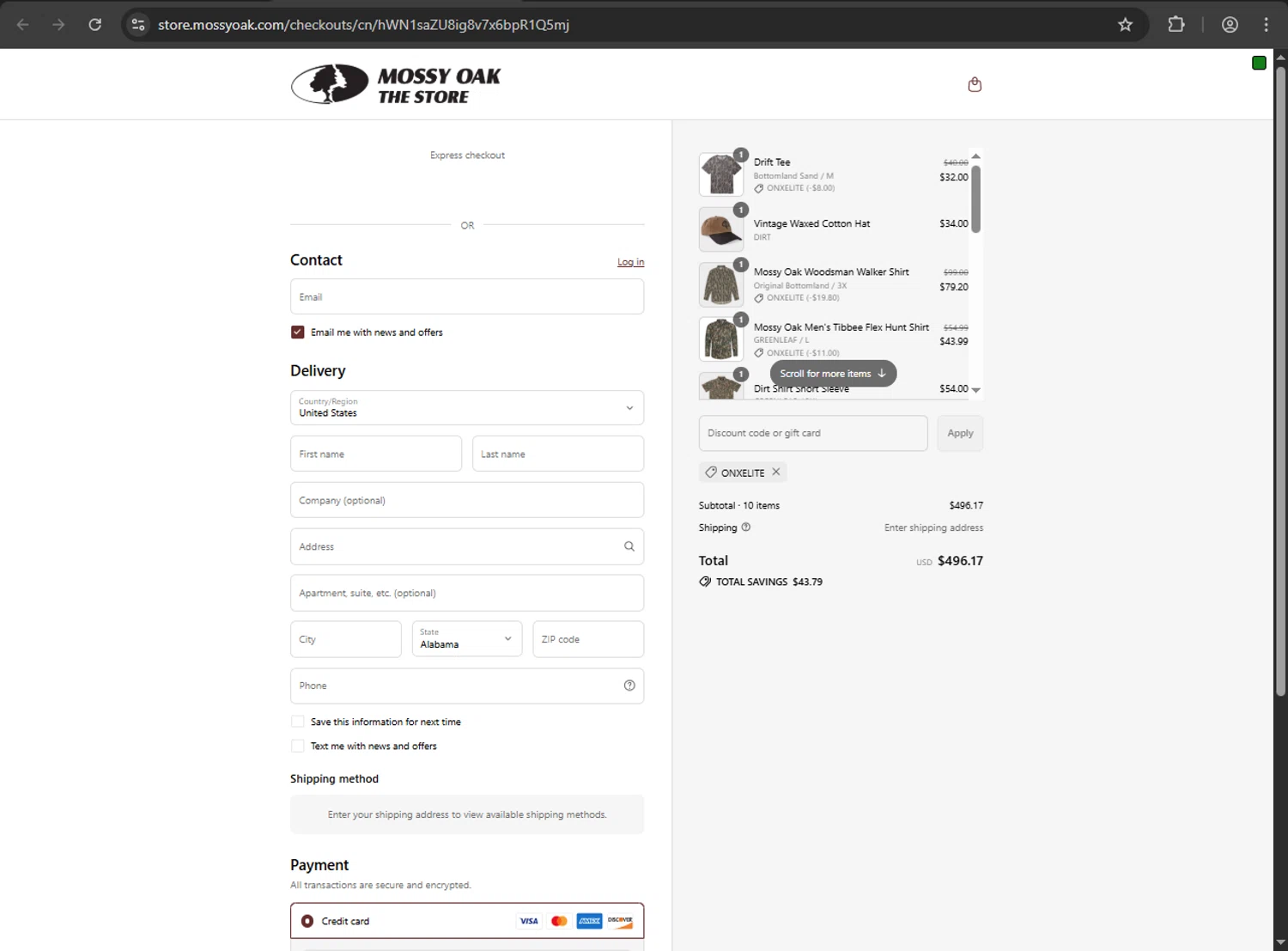 Mossy Oak Store discount code screenshot showing code ONXELITE applied at Mossy Oak Store checkout page. Uploaded by SimplyCodes community member MAHORAGA on Aug 16, 2025
