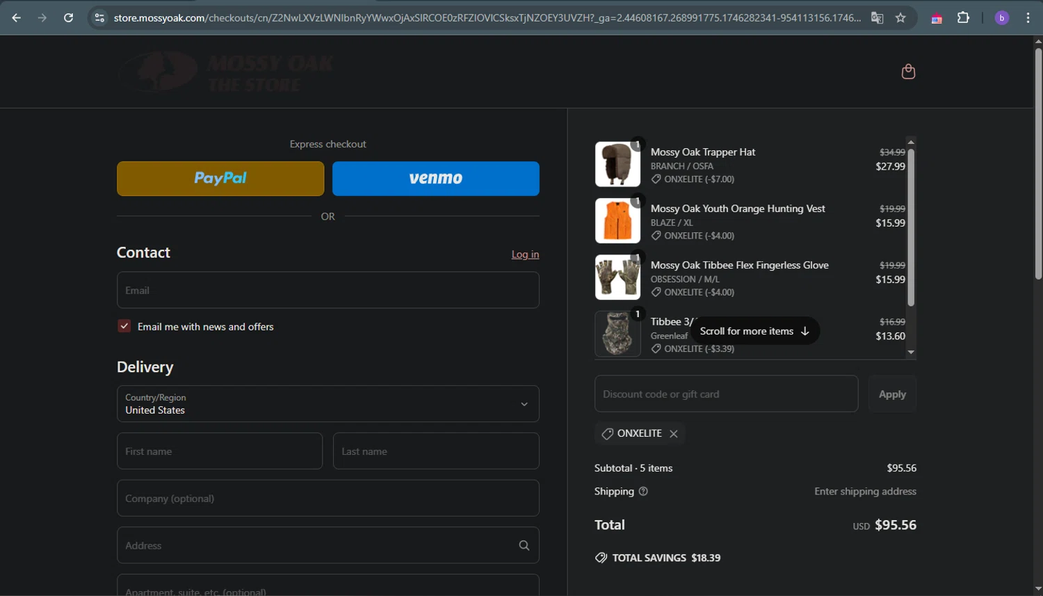 Mossy Oak Store discount code screenshot showing code ONXELITE applied at Mossy Oak Store checkout page. Uploaded by SimplyCodes community member ThriftyFalcon6527 on May 3, 2025