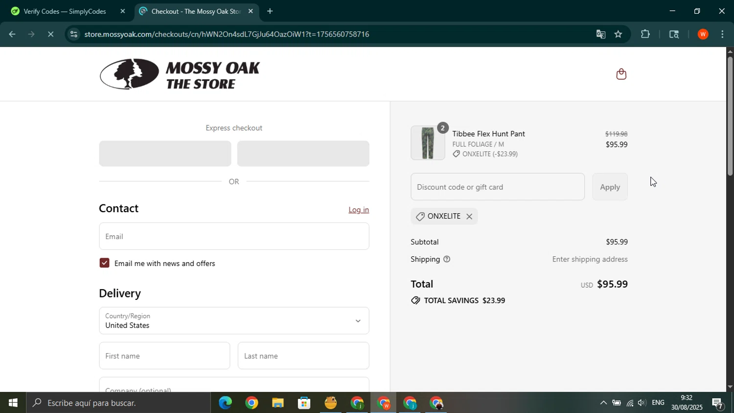 Mossy Oak Store discount code screenshot showing code ONXELITE applied at Mossy Oak Store checkout page. Uploaded by SimplyCodes community member wilferji on Aug 30, 2025