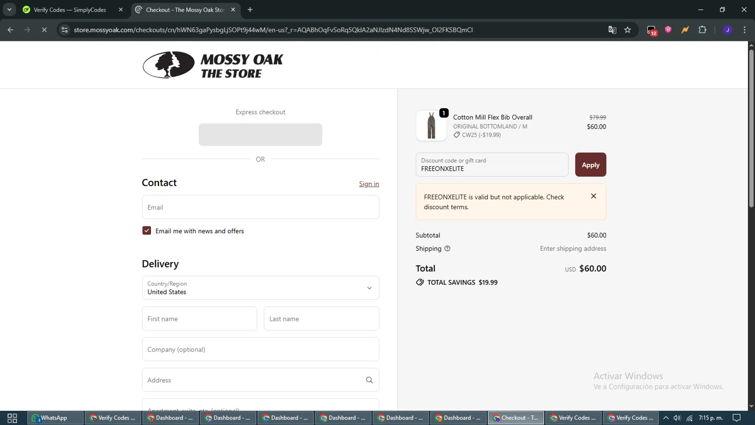 Mossy Oak Store discount code screenshot showing code FREEONXELITE applied at Mossy Oak Store checkout page. Uploaded by SimplyCodes community member WiseMaven9968 on Dec 4, 2025
