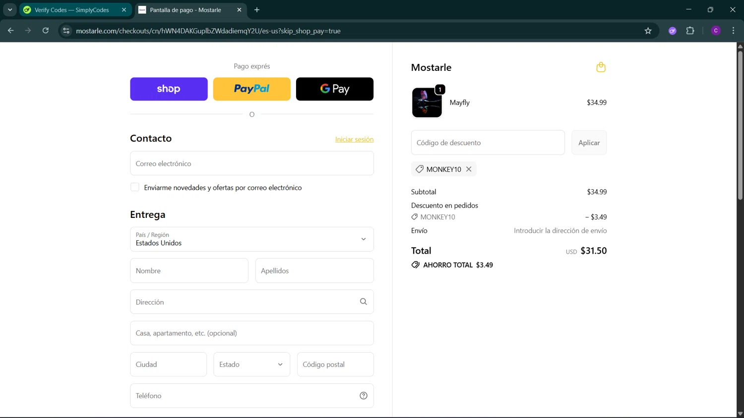Mostarle discount code screenshot showing code MONKEY10 applied at Mostarle checkout page. Uploaded by SimplyCodes community member GoldSeeker3096 on Oct 17, 2025