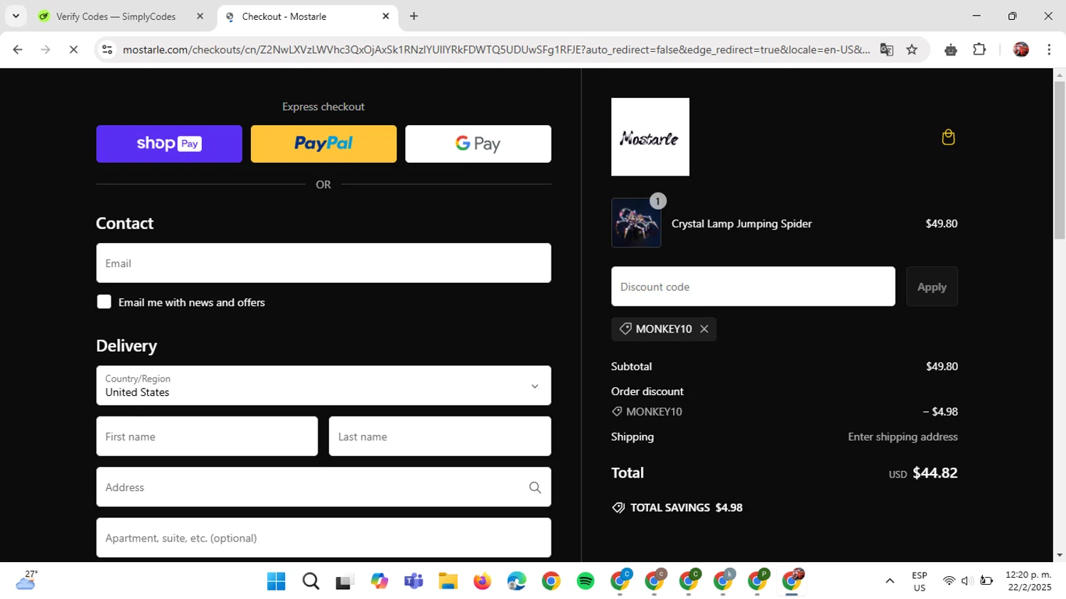 Mostarle discount code screenshot showing code MONKEY10 applied at Mostarle checkout page. Uploaded by SimplyCodes community member GloriousDefender7889 on Feb 22, 2025