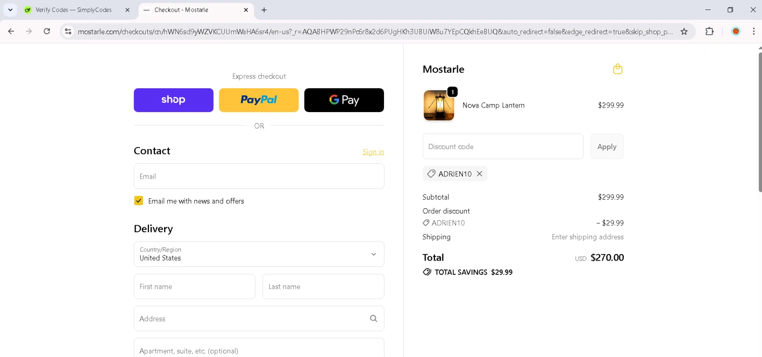 Mostarle discount code screenshot showing code ADRIEN10 applied at Mostarle checkout page. Uploaded by SimplyCodes community member RoyalMaverick7546 on Dec 26, 2025