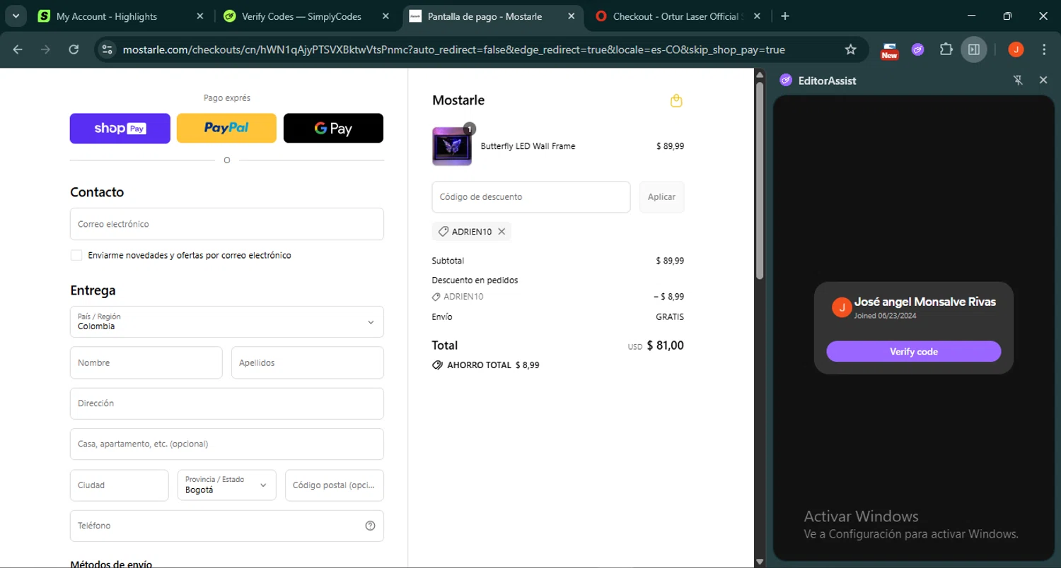 Mostarle discount code screenshot showing code ADRIEN10 applied at Mostarle checkout page. Uploaded by SimplyCodes community member SilverRanger658 on Aug 15, 2025
