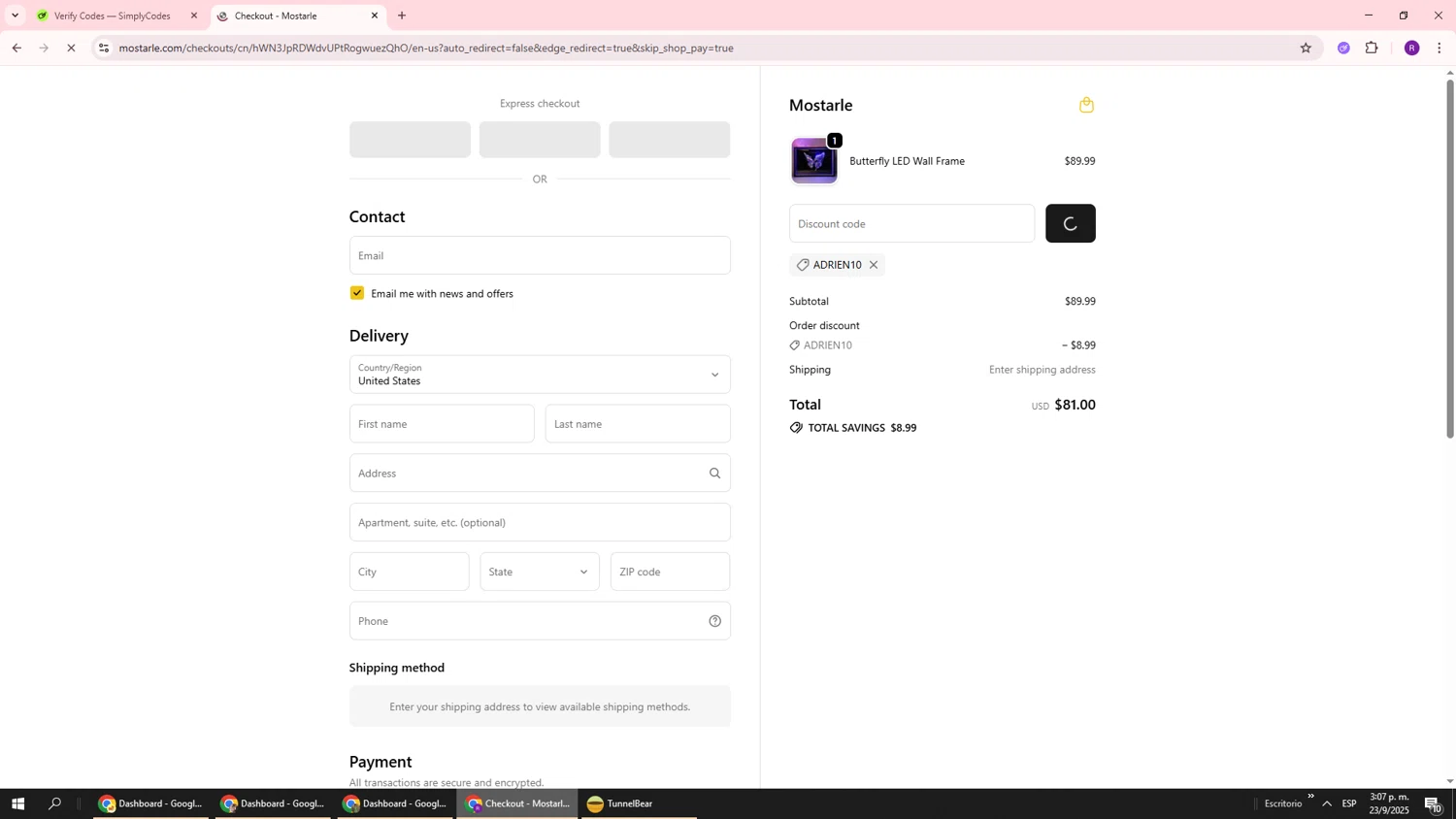 Mostarle discount code screenshot showing code ADRIEN10 applied at Mostarle checkout page. Uploaded by SimplyCodes community member ukemochi on Sep 23, 2025
