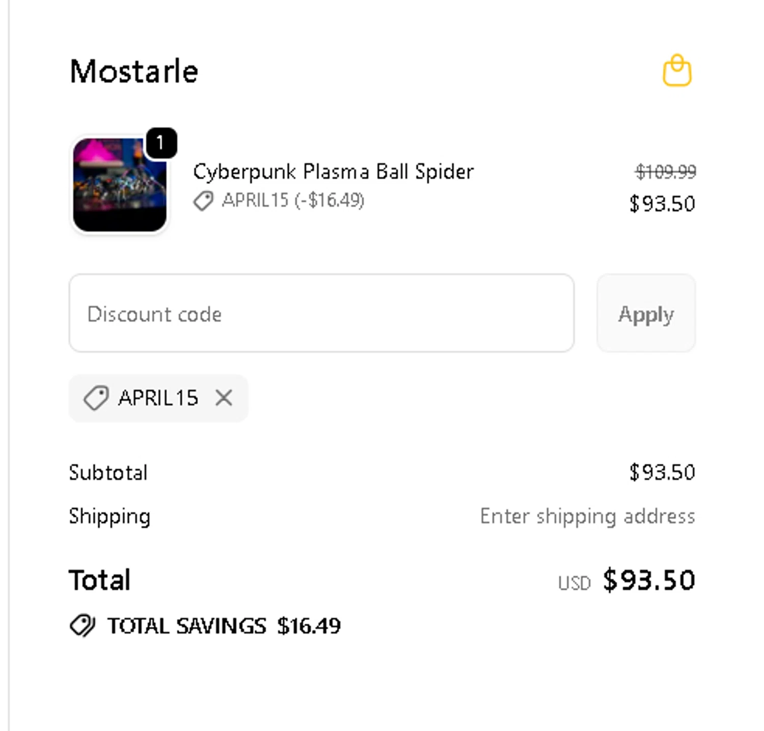 Mostarle discount code screenshot showing code APRIL15 applied at Mostarle checkout page. Uploaded by SimplyCodes community member goldhooh on Nov 12, 2025