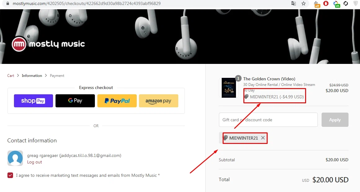 Mostly Music checkout page showing Mostly Music promo code box | Screenshot taken by SimplyCodes community member on Jan 26, 2021