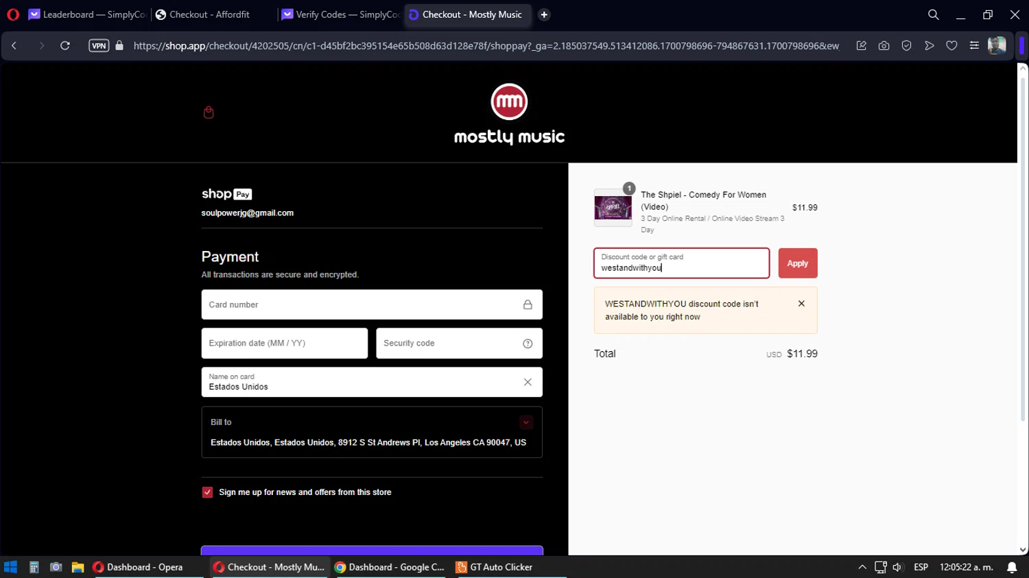 Mostly Music checkout page showing Mostly Music promo code box | Screenshot taken by SimplyCodes community member on Nov 24, 2023